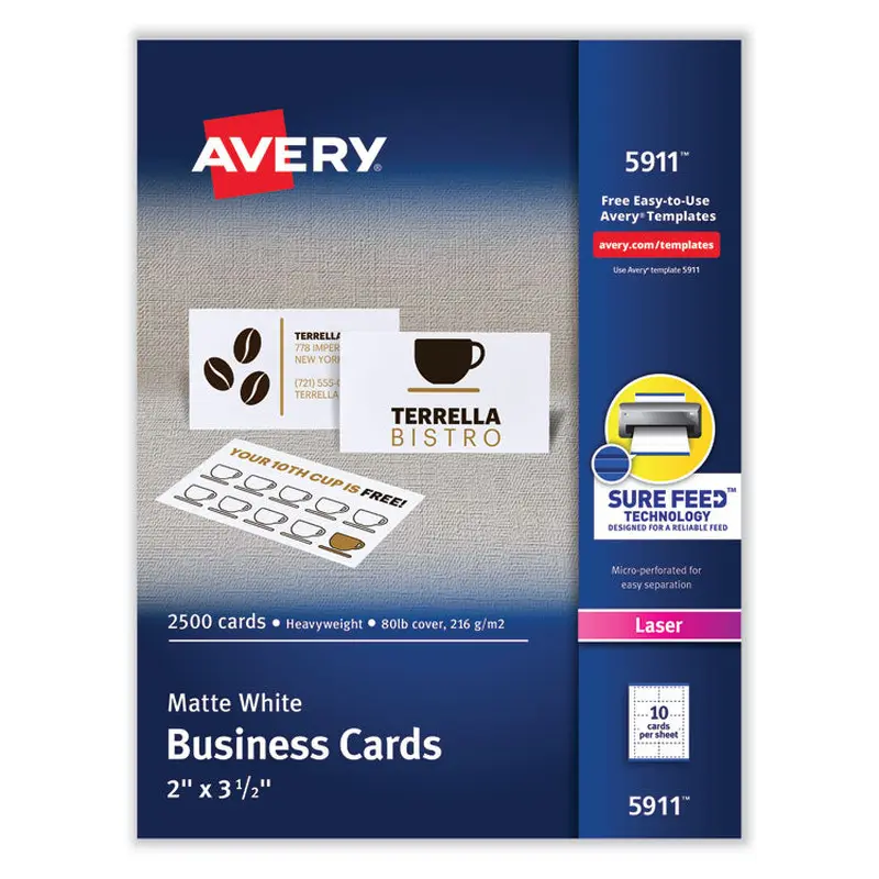 Avery Printable Microperforated Business Cards w/Sure Feed Technology, Laser, 2 x 3.5, White, 2,500 Cards, 10/Sheet, 250 Sheets/Box (AVE5911) Pack of 2500
