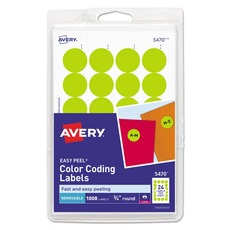 Avery Printable Self-Adhesive Removable Color-Coding Labels, 0.75" dia, Neon Yellow, 24/Sheet, 42 Sheets/Pack, (5470) (AVE05470) Pack of 1000