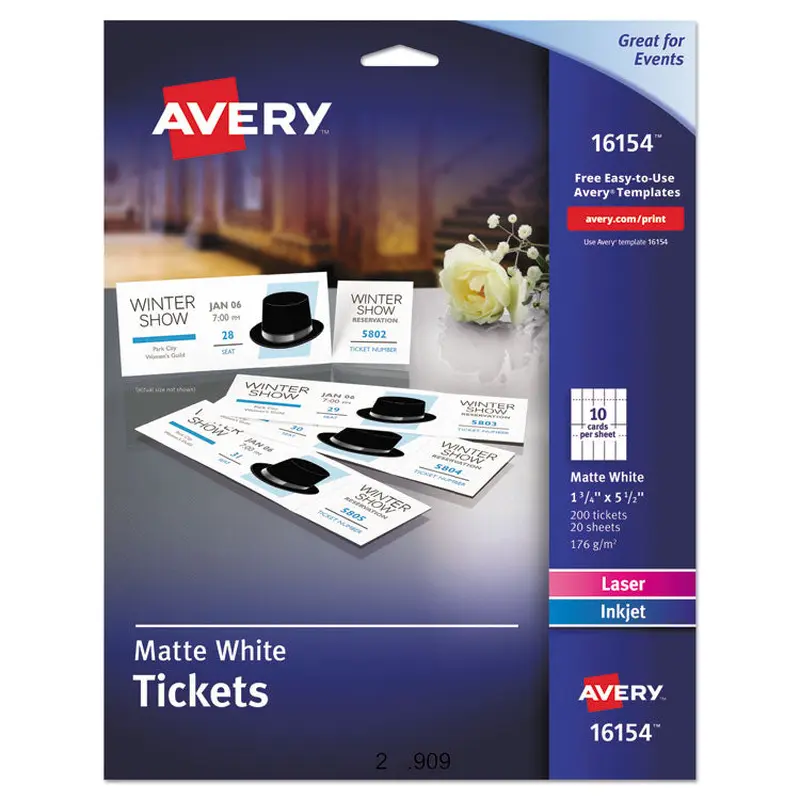 Avery Printable Tickets w/Tear-Away Stubs, 97 Bright, 65 lb Cover Weight, 8.5 x 11, White, 10 Tickets/Sheet, 20 Sheets/Pack (AVE16154) Pack of 200