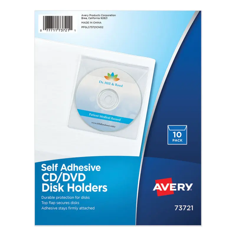 Avery Self-Adhesive Media Pockets, 1 Disc Capacity, Clear, 10/Pack (AVE73721) Pack of 10