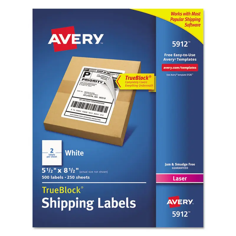 Avery Shipping Labels w/ TrueBlock Technology, Laser Printers, 5.5 x 8.5, White, 2/Sheet, 250 Sheets/Box (AVE5912) Box of 500