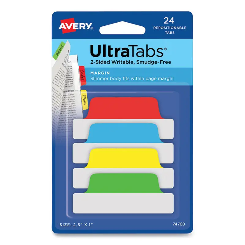 Avery Ultra Tabs Repositionable Tabs, Margin Tabs: 2.5" x 1", 1/5-Cut, Assorted Colors, 24/Pack (AVE74768) Pack of 24