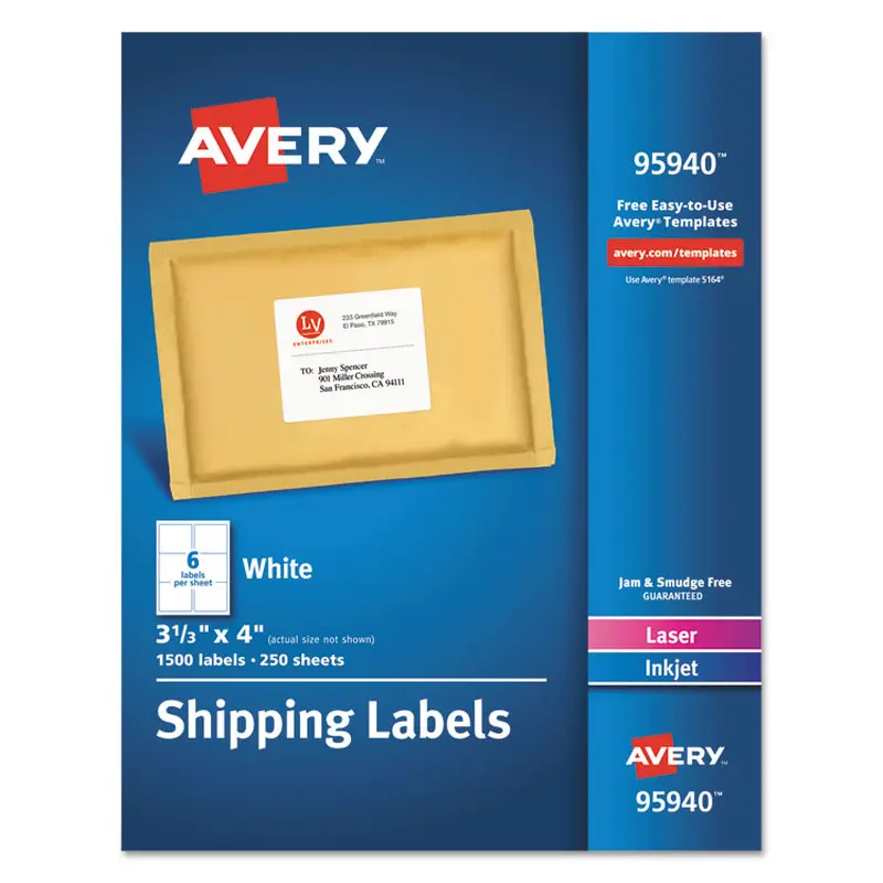 Avery White Shipping Labels-Bulk Packs, Inkjet/Laser Printers, 3.33 x 4, White, 6/Sheet, 250 Sheets/Box (AVE95940) Box of 1500
