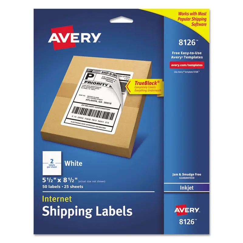 Avery Shipping Labels w/ TrueBlock Technology, Inkjet Printers, 5.5 x 8.5, White, 2/Sheet, 25 Sheets/Pack (AVE8126) Pack of 25