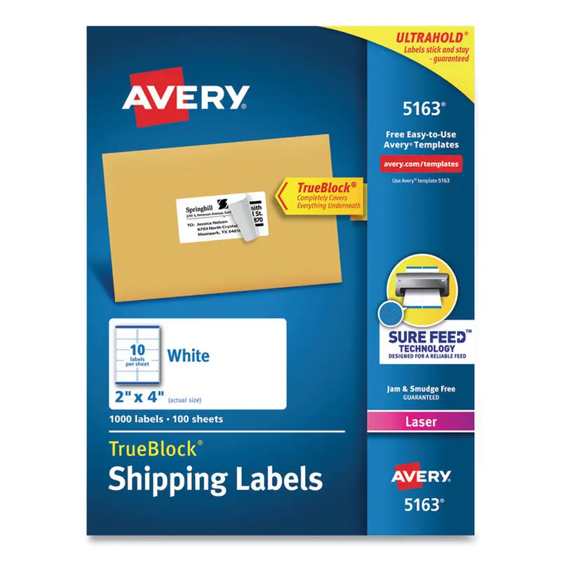 Avery Shipping Labels w/ TrueBlock Technology, Laser Printers, 2 x 4, White, 10/Sheet, 100 Sheets/Box (AVE5163) Box of 1000