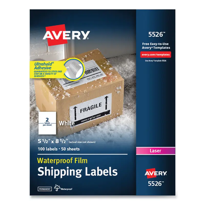 Avery Waterproof Shipping Labels with TrueBlock Technology, Laser Printers, 5.5 x 8.5, White, 2/Sheet, 50 Sheets/Pack (AVE5526) Pack of 100