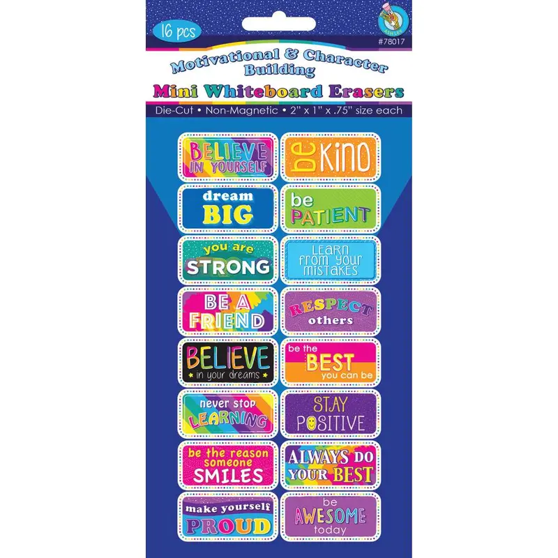 Ashley Motivational and Character Building Mini Whiteboard Erasers, 16 Pack (ASH78017)
