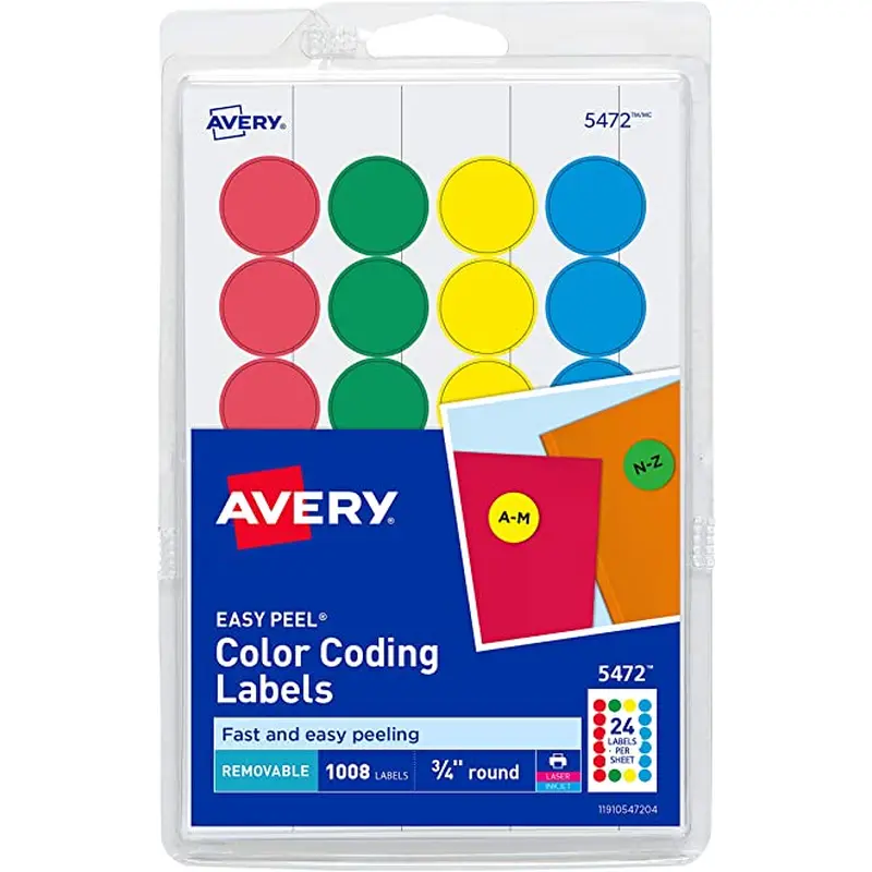 Avery Removable Color-Coding Labels, Removable Adhesive, Assorted Colors, 3/4" Diameter, 1,008 Labels (AVE 5472)