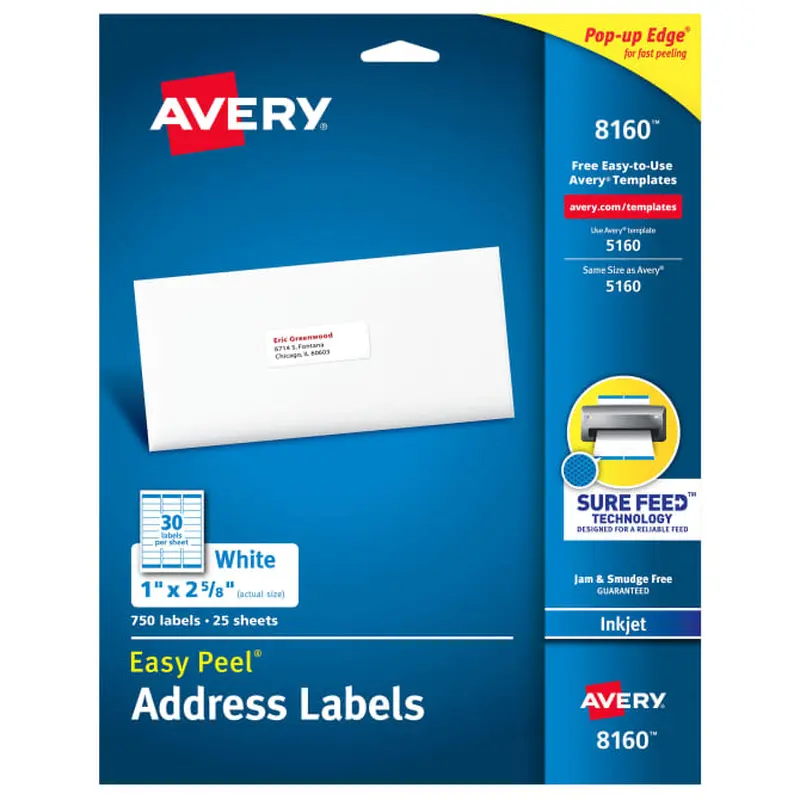 Avery Easy Peel Address Labels, Sure Feed Technology, Permanent Adhesive, 1" x 2-5/8", 750 Labels (8160)