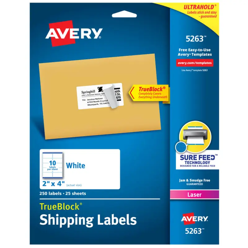 Avery TrueBlock Shipping Labels, Sure Feed Technology, Permanent Adhesive, 2" x 4", 250 Labels (5263)