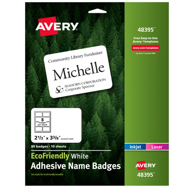Avery EcoFriendly Adhesive Name Badges, 2-1/3" x 3-3/8", 80 Badges (48395)