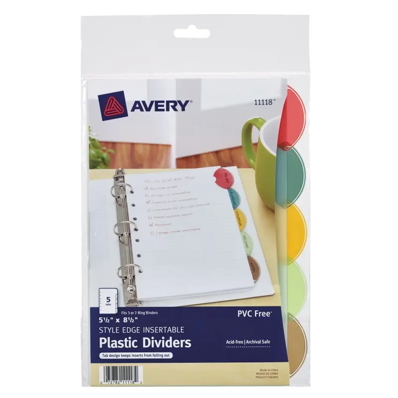 Avery Insertable Style Edge Plastic Mini Dividers, 5-1/2" x 8-1/2", 5-Tab Set, Multicolor, 1 Set (11118)