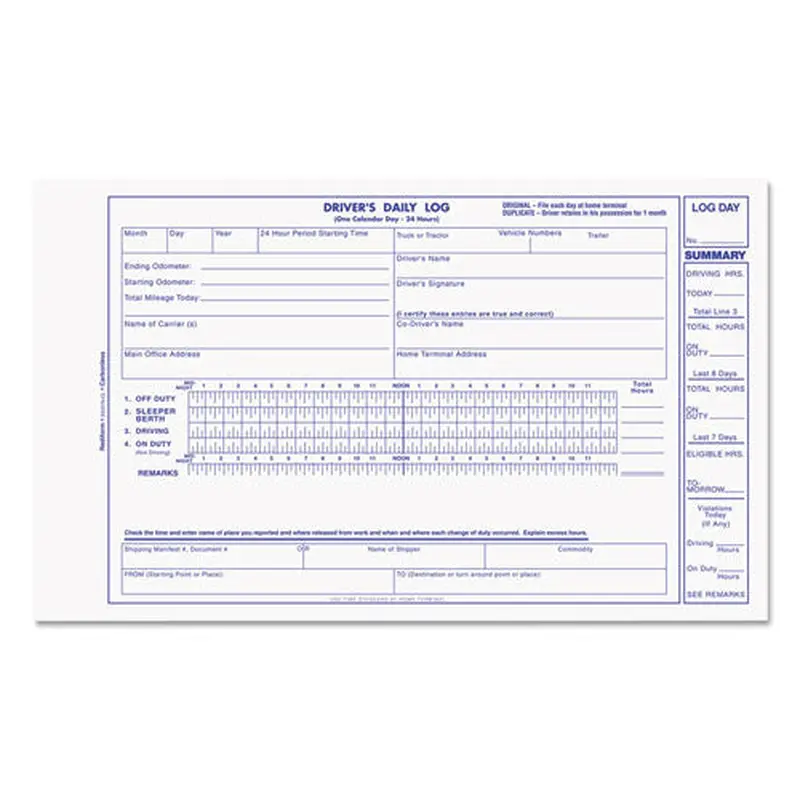 Driver's Daily Log Book, Two-part Carbonless, 8.75 X 5.38, 31 Forms Total