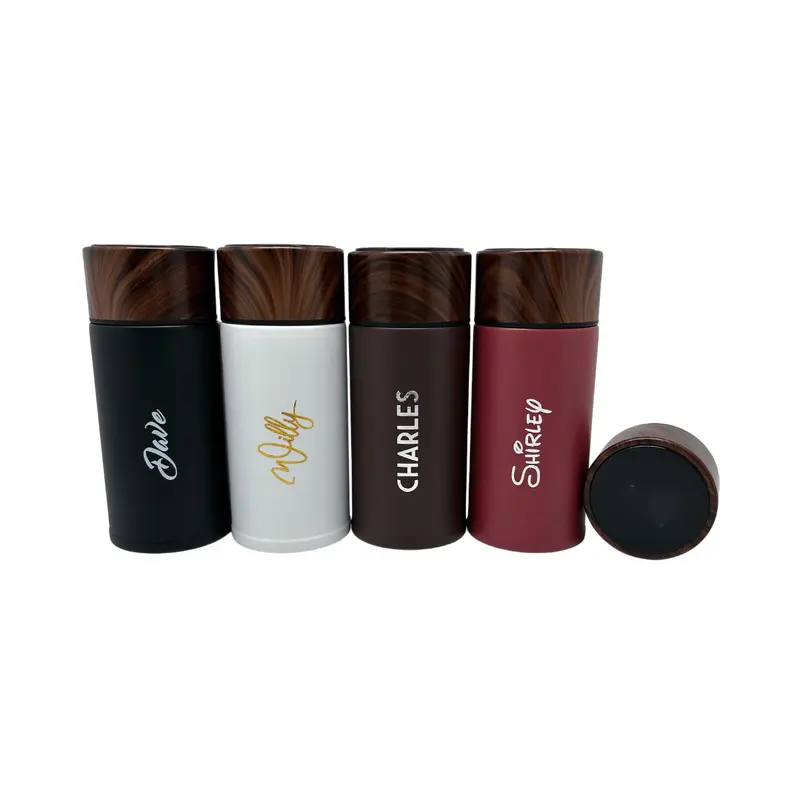 Small Wood Accent Stainless Steel Thermos BottleBlack / Name Only