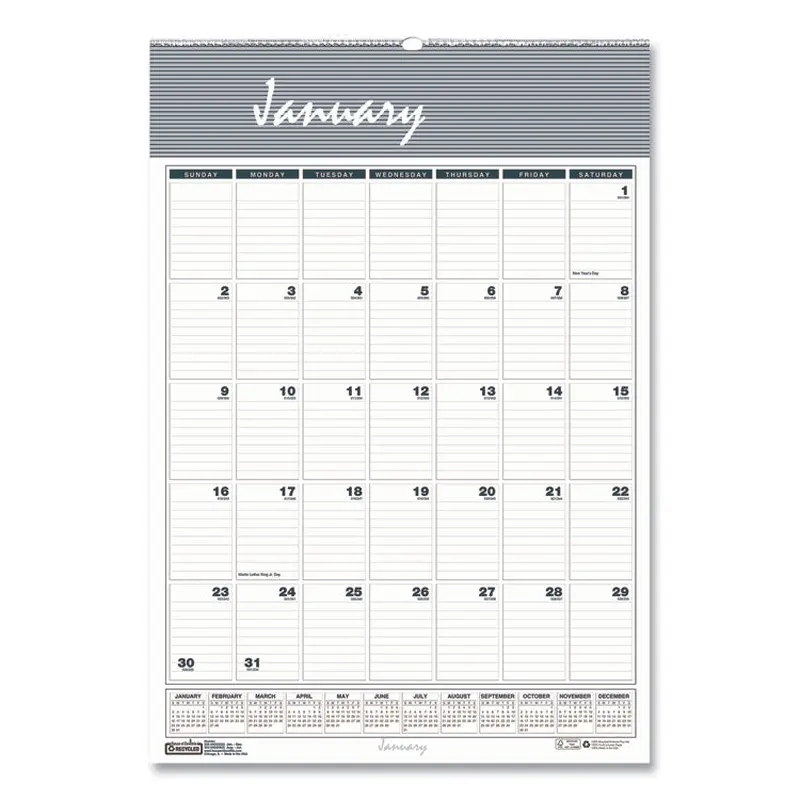 Bar Harbor Recycled Wirebound Monthly Wall Calendar, 15.5 x 22, White/Blue/Gray Sheets, 12-Month (Jan-Dec): 2025