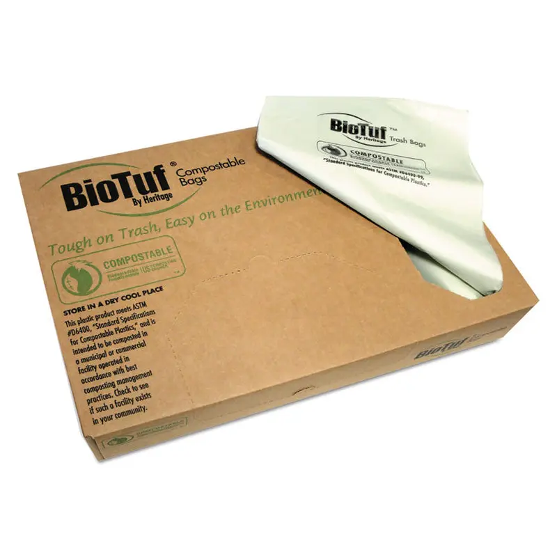Biotuf Compostable Can Liners, 13 gal, 0.88 mil, 24  x 32 , Green, 25 Bags/Roll, 8 Rolls/Carton
