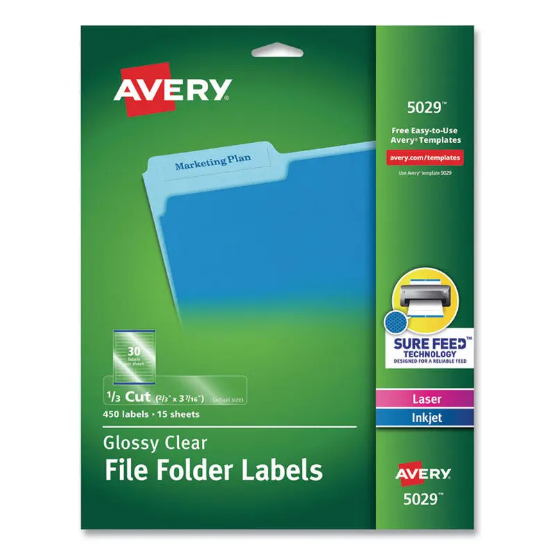 Clear Permanent File Folder Labels with Sure Feed Technology, 0.66 x 3.44, Clear, 30/Sheet, 15 Sheets/Pack
