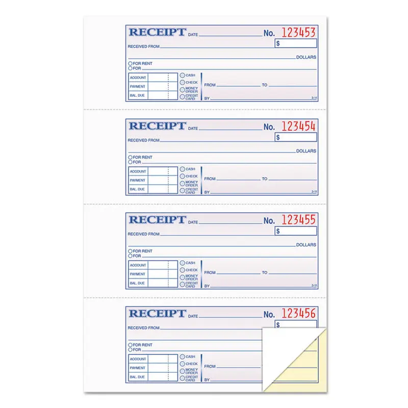 Money and Rent Receipt Books, Account   Payment Sections, Two-Part Carbonless, 7.13 x 2.75, 4 Forms/Sheet, 200 Forms Total