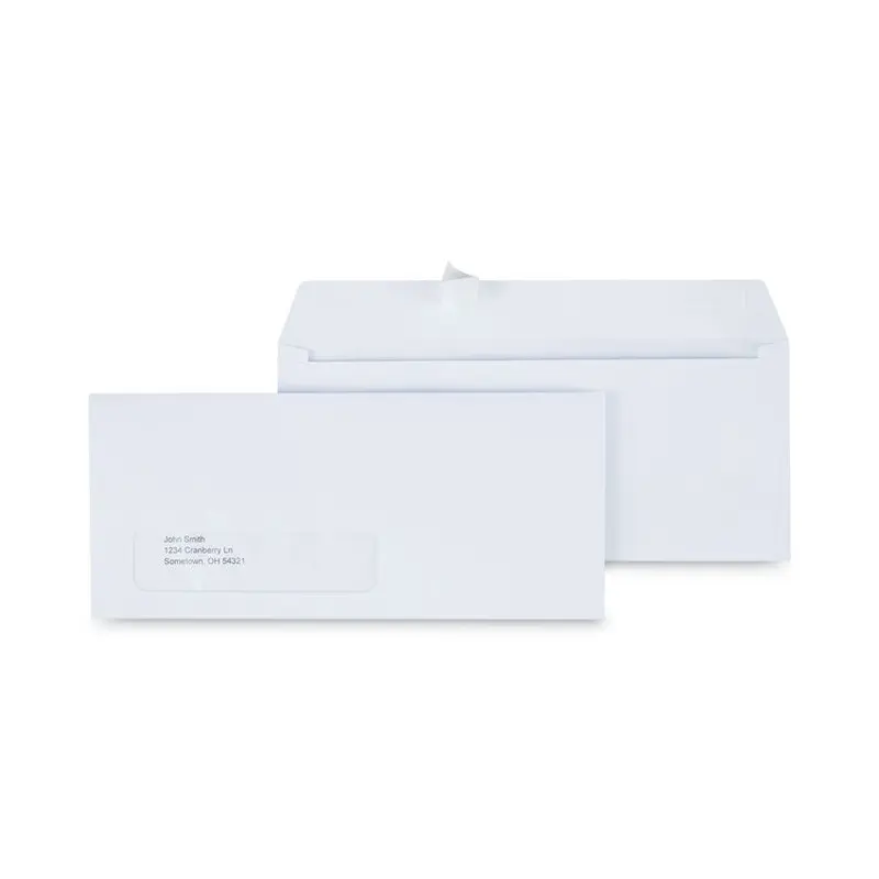 Peel Seal Strip Business Envelope, Address Window, #10, Square Flap, Self-Adhesive Closure, 4.13 x 9.5, White, 500/Box