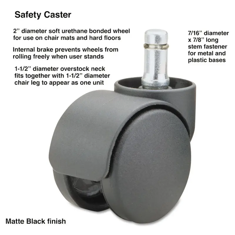 Safety Casters, Oversized Neck, Grip Ring Type B Stem, 2  Soft Polyurethane Wheel, Matte Black, 5/Set