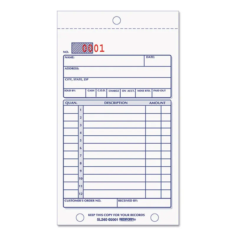 Sales Book, 12 Lines, Two-Part Carbonless, 3.63 x 6.38, 50 Forms Total