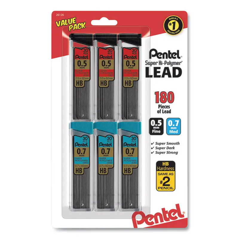 Super Hi-Polymer Lead Refill Value Pack, 0.5 mm  0.7 mm, HB, Black, 30/Tube, 6 Tubes/Pack