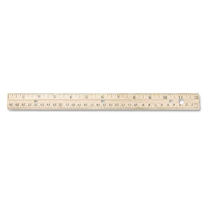 Three-Hole Punched Wood Ruler English and Metric With Metal Edge, 12" Long