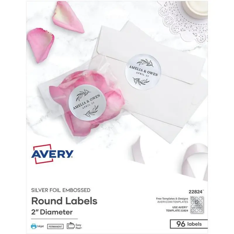 22824 SILVER FOIL EMBOSSED ROUND LABELS 2" DIAMETER 8 SHTS