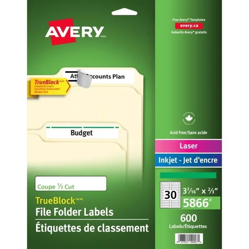 5866 FILING LABELS TRUEBLOCK 37/16" X 2/3" PERMANENT GR
