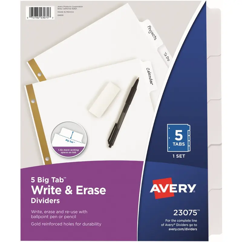 Avery® Big Tab(TM) Write & Erase Dividers, 5 White Tabs, 1 Set (23075)