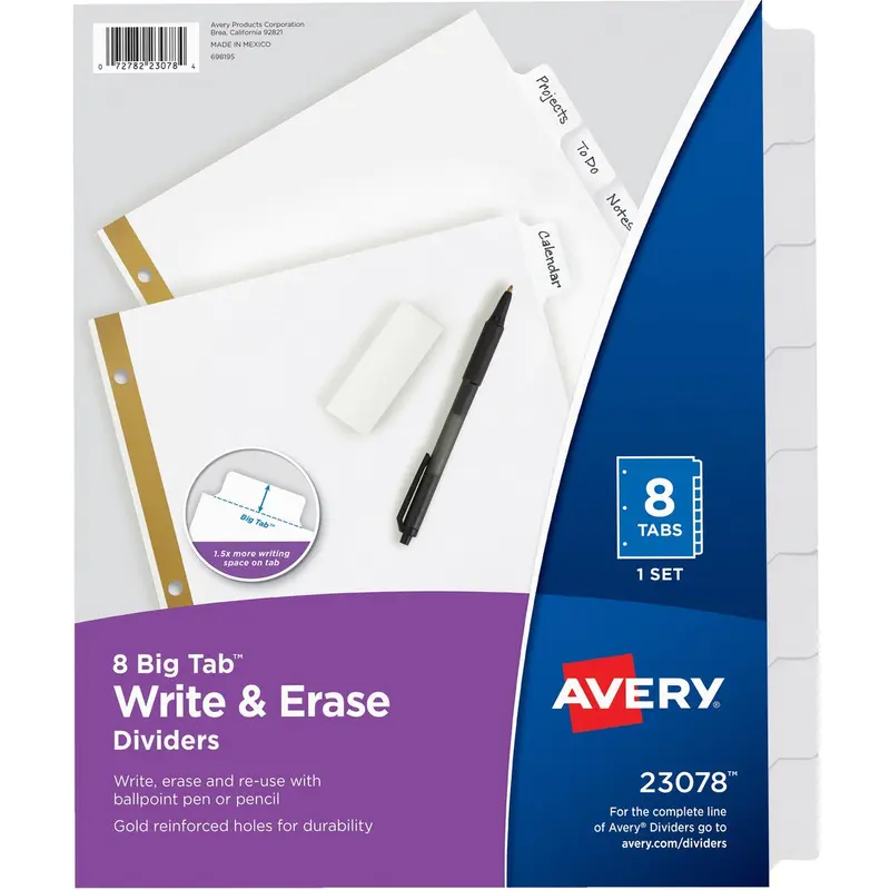 Avery® Big Tab(TM) Write & Erase Dividers, 8 White Tabs, 1 Set (23078)
