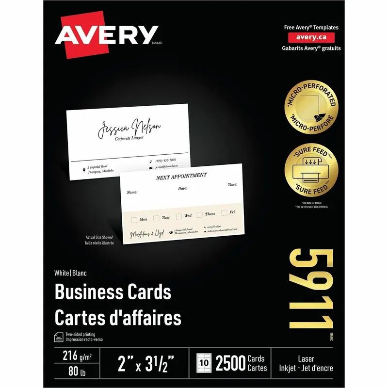 Avery Laser Business Card - 2" x 3 1/2" - 80 lb Basis Weight - 216 g/m Grammage - 2500 / Box - White