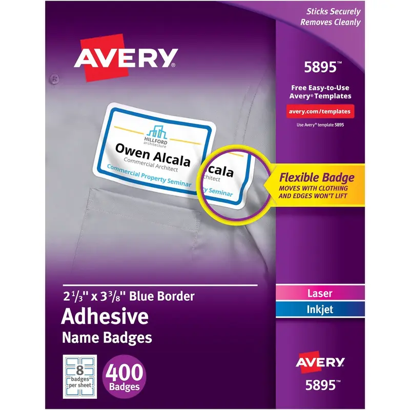 Avery® Flexible Name Tag Stickers, White Rectangle Label with Blue Border, Removable Name Badges, 2-1/3" x 3-3/8" , 400 Labels (5895)