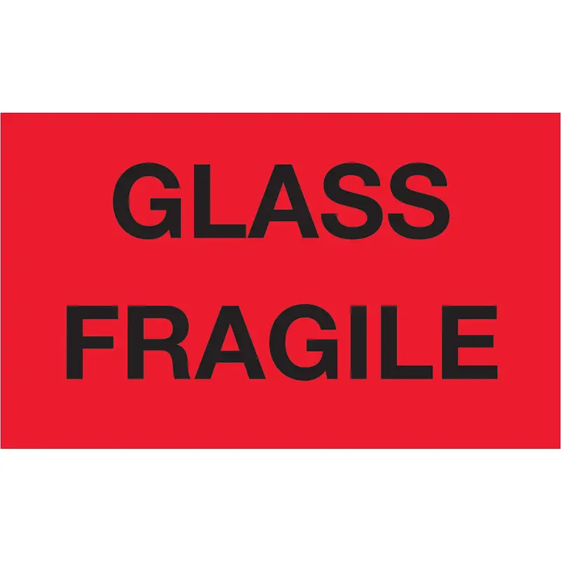 3 x 5" - "Glass - Fragile" (Fluorescent Red) Labels 500/Roll