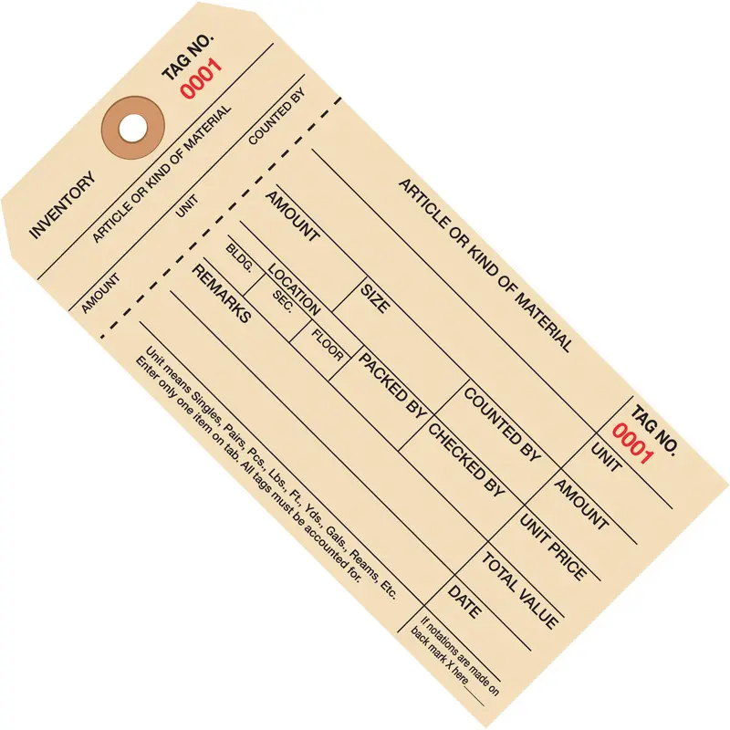 6 1/4 x 3 1/8 - (1000-1999) Inventory Tags 1 Part Stub Style #8 1000/Case