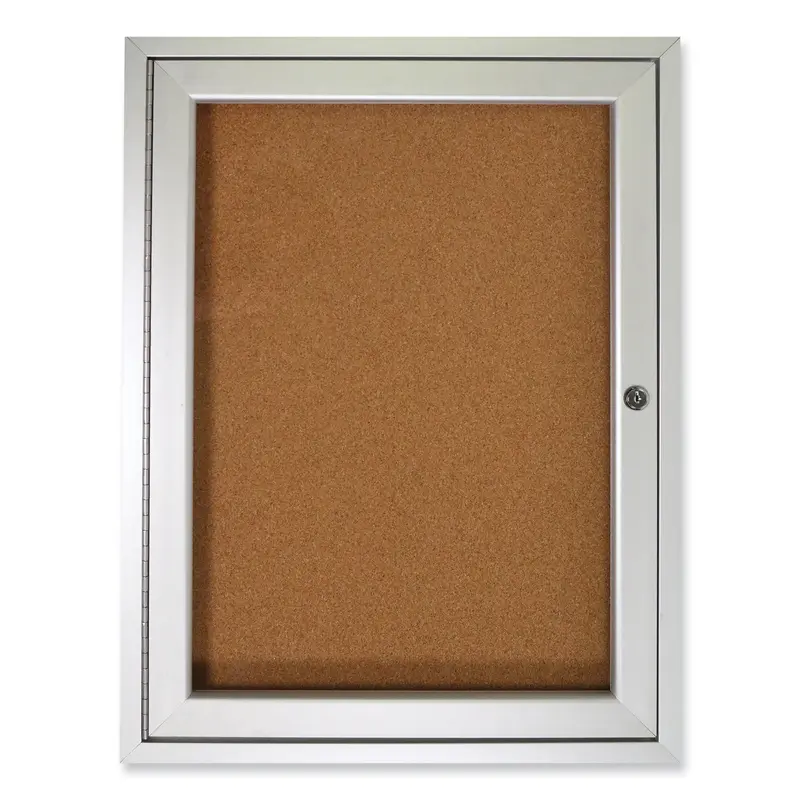 1 Door Enclosed Natural Cork Bulletin Board with Satin Aluminum Frame, 24 x 36, Tan Surface