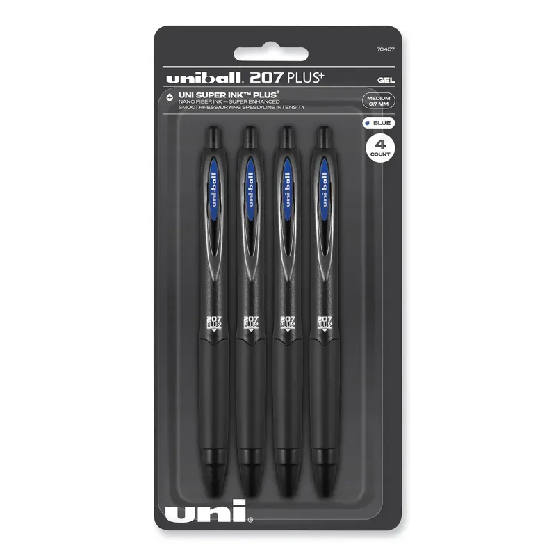 207 Plus  Gel Pen, Retractable, Medium 0.7 mm, Blue Ink, Black Barrel, 4/Pack