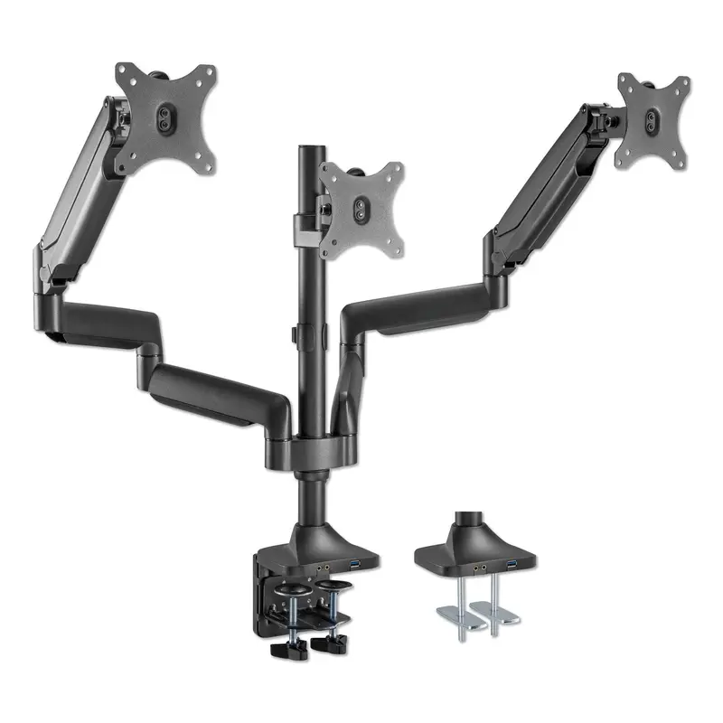 AdaptivErgo Triple Arm with USB for 32" Monitors, 360 deg Rotation,  90/-90 deg Tilt, 90 deg Pan, Black, Supports 15.4 lb