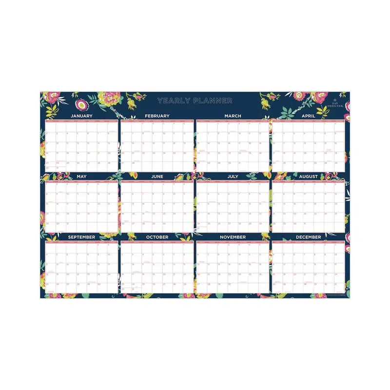 Day Designer Peyton Laminated Erasable Wall Calendar, Floral Artwork, 36 x 24, White/Navy Sheets, 12-Month (Jan to Dec): 2025