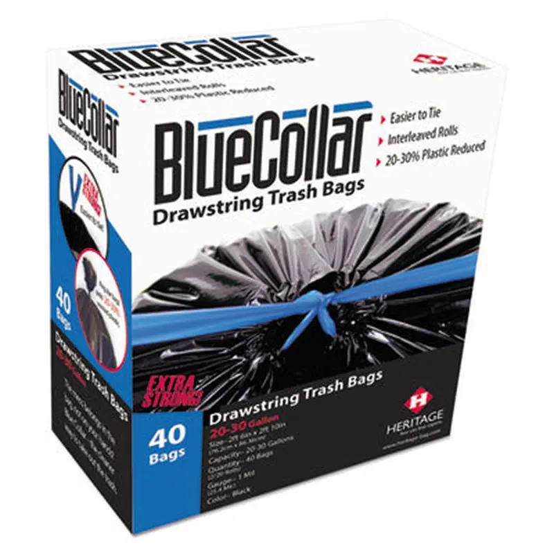 Drawstring Trash Bags, Drawstring, 30 gal, 1 mil, 30" x 34", Black, 40 Bags/Box, 6 Boxes/Carton