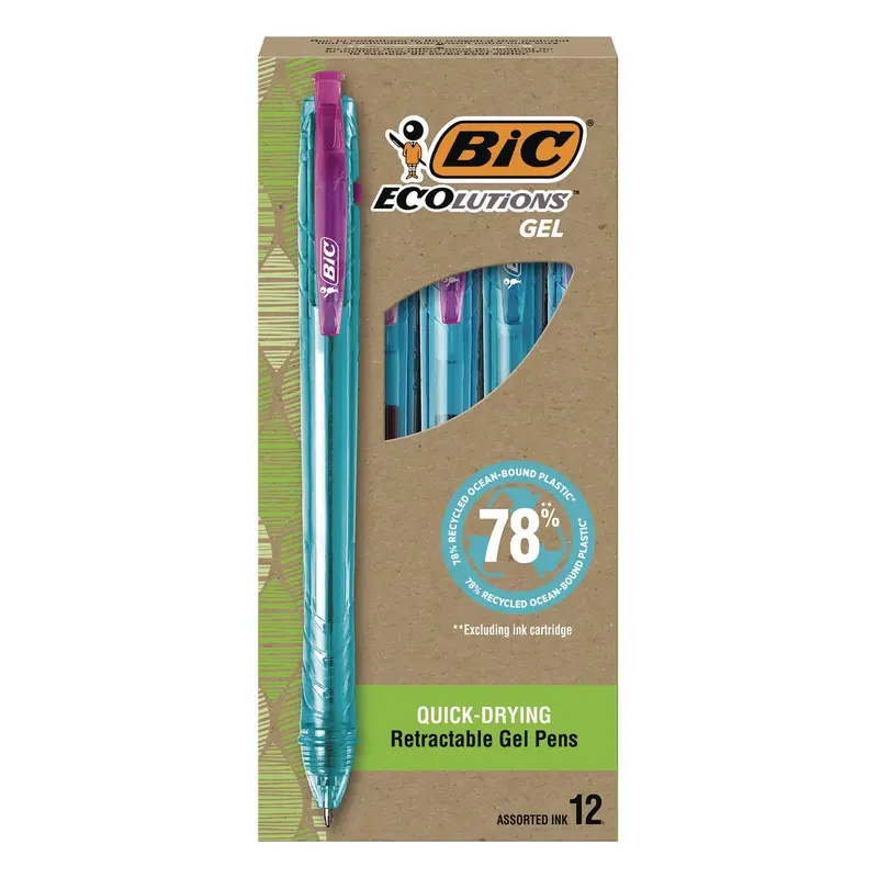 Ecolutions Gel Pen, Retractable, Medium 1 mm, Assorted Ink, Blue Barrel, 12/Pack