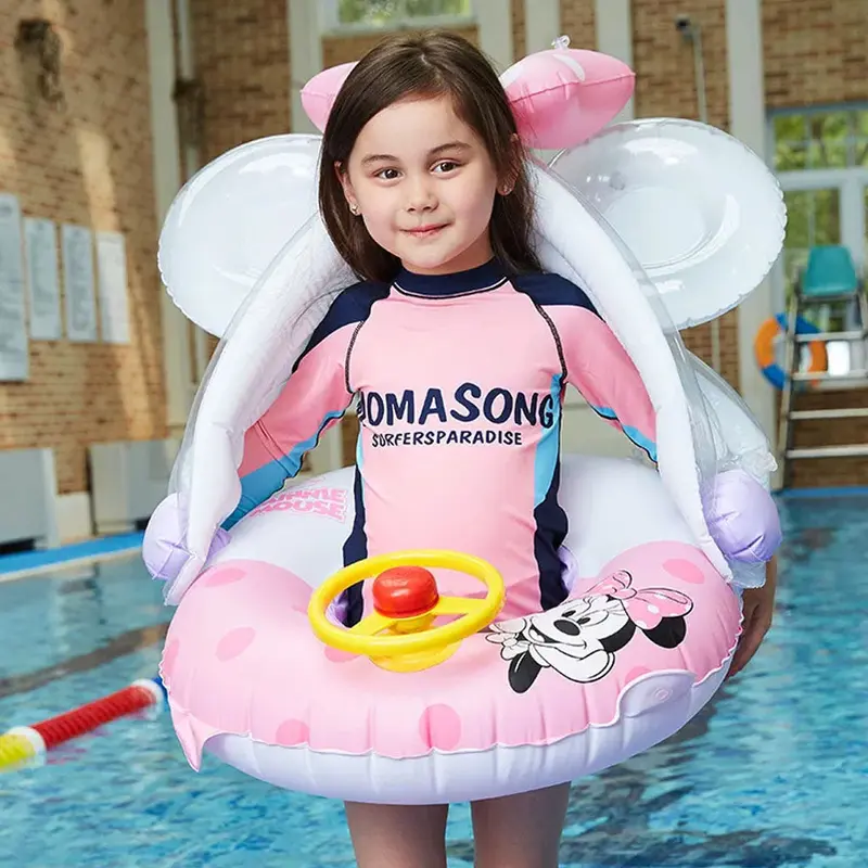 (NET) Cartoon cute baby swimming ring with parasol float inflatable swimming poolWhite