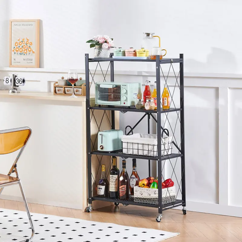 (Net) Folding Shelf 4-Tier Storage Shelves with Wheels Heavy Duty Shelving Unit Metal Shelves Organizer Rack for Kitchen, Garage, Home, Office..