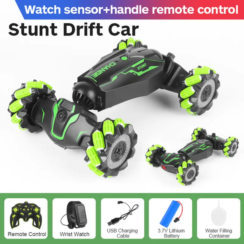 (Net) RC Stunt Car 2.4G Watch Gesture Sensor Control Deformable Car All-Terrain Auto-demo with Spray Light Music Remote Control Toygreen