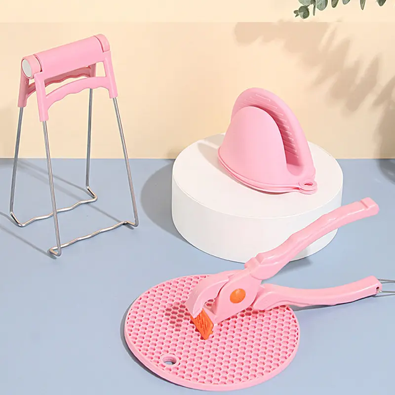 (net) Stainless Steel Home Kitchen Anti-Scald Plate Take Bowl Dish Pot Holder Carrier Clamp Clip Handle and Silicon Slip Resistance Glove ComboPink