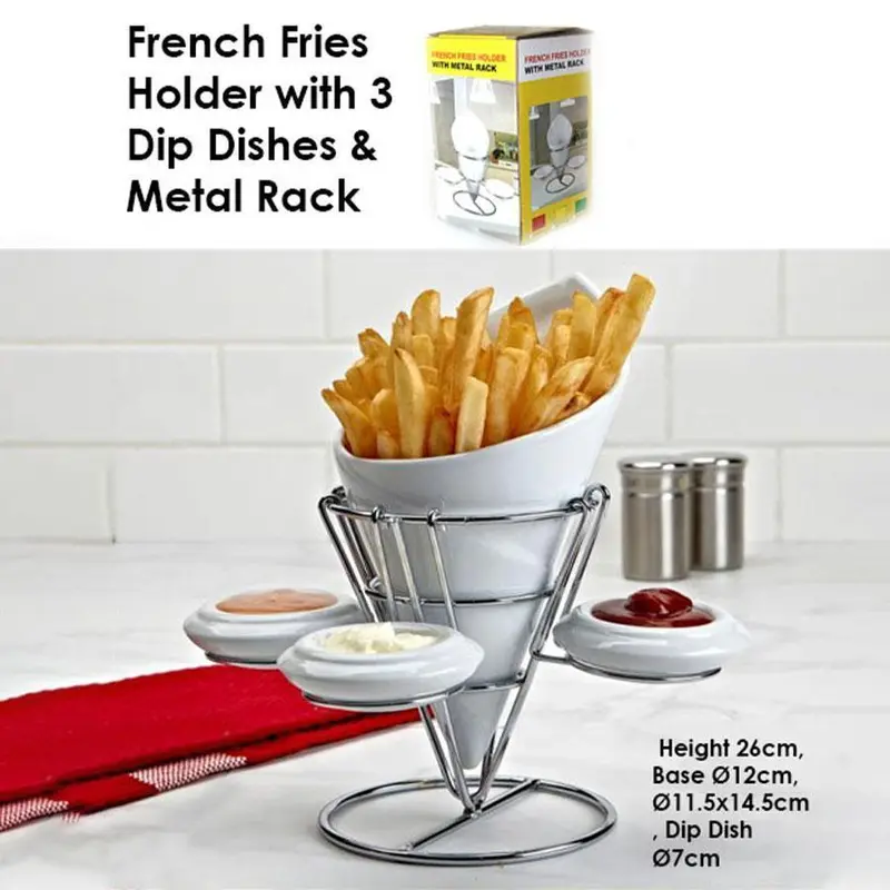 French Fries Holder with 3 Dip Dishes & Metal Rack