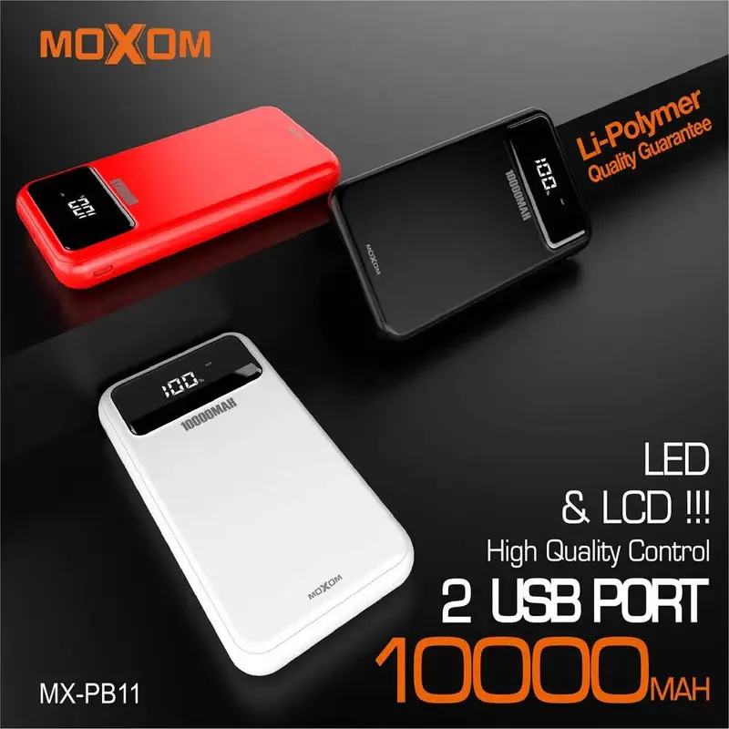 Moxom MX-PB11 Power Bank Dual Fast Charging Port 2.4A, LCD Display and LED Light Superior Design Moxom Dual USB 2.4A Charging Port with LCD Battery Percentage Display Power Bank (10000mAh)Black