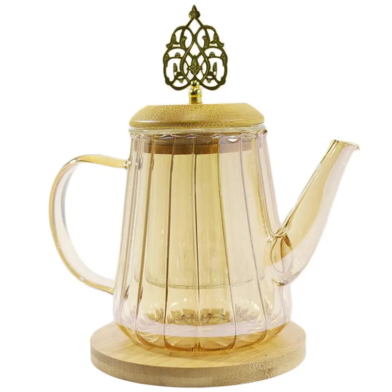 Pyrex Glass Golden Teapot With Infuser And Wood Trivet / large