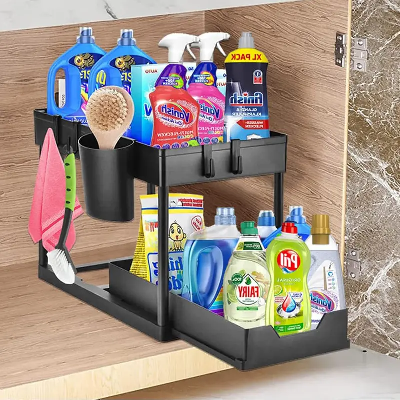 Seasoning Rack Sink Organizer Extendible 2 Tier Under Sink Shelf with 4 HooksBlack