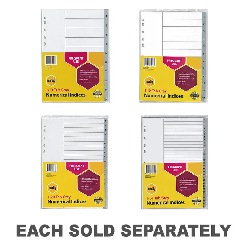 Marbig Numerical Indices & Dividers A4 (Grey)1-31 Tab